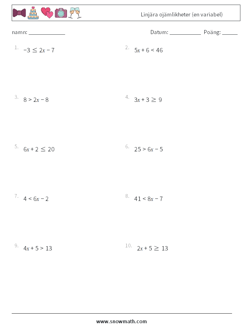 Linjära ojämlikheter (en variabel) Matematiska arbetsblad 6