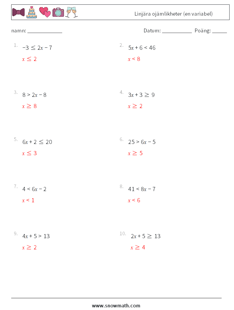 Linjära ojämlikheter (en variabel) Matematiska arbetsblad 6 Fråga, svar