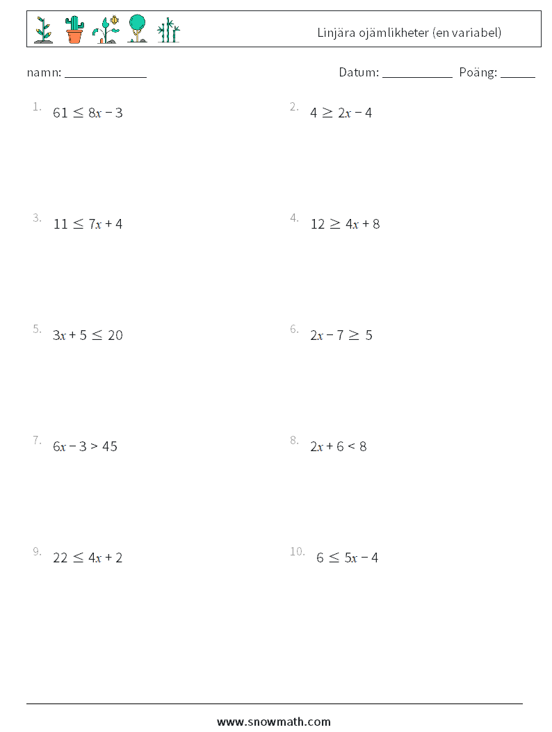 Linjära ojämlikheter (en variabel) Matematiska arbetsblad 7