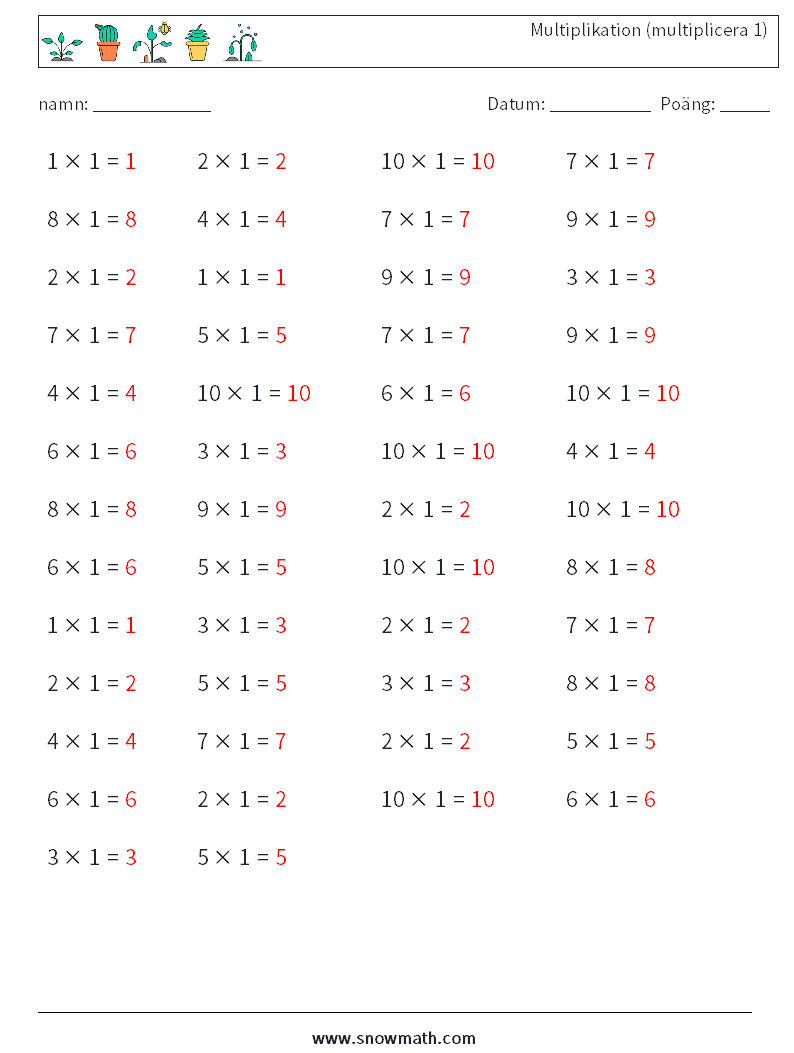 (50) Multiplikation (multiplicera 1) Matematiska arbetsblad 1 Fråga, svar