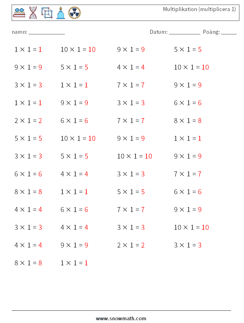 (50) Multiplikation (multiplicera 1) Matematiska arbetsblad 2 Fråga, svar