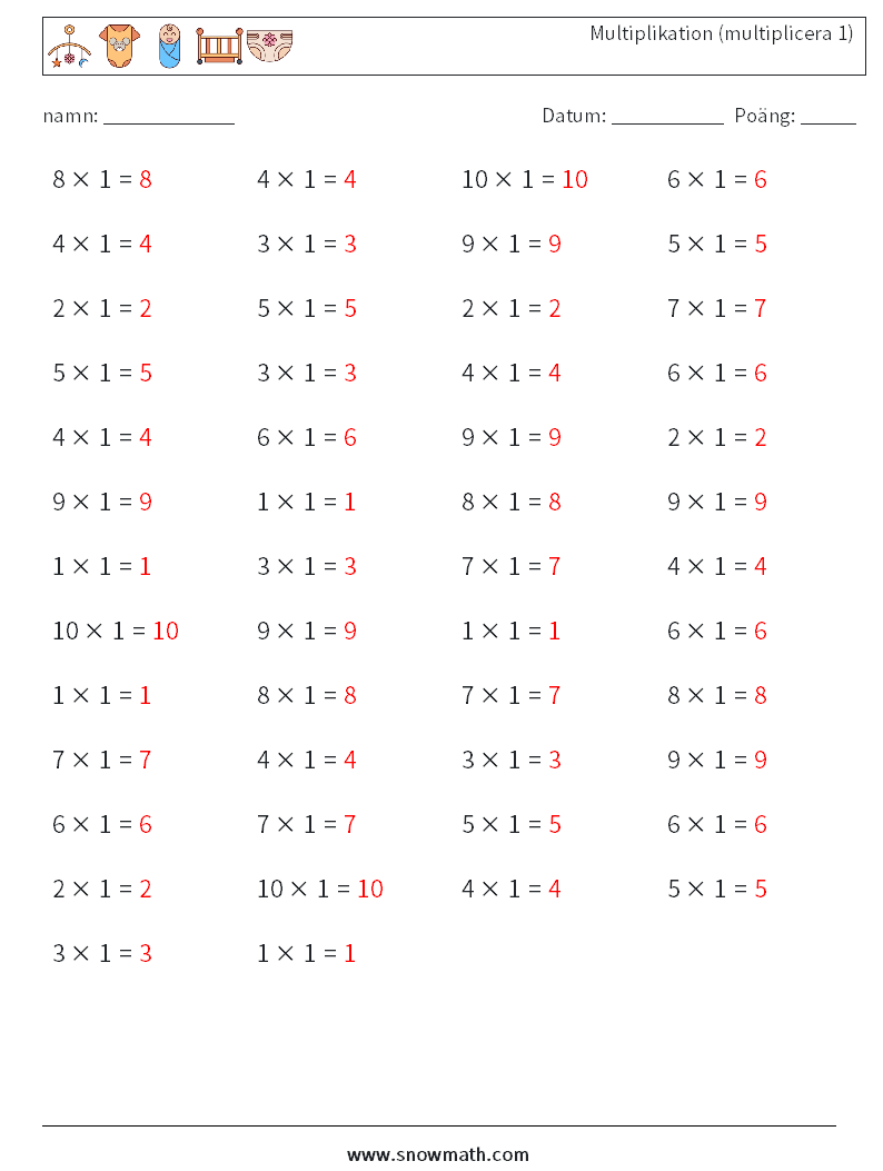(50) Multiplikation (multiplicera 1) Matematiska arbetsblad 3 Fråga, svar
