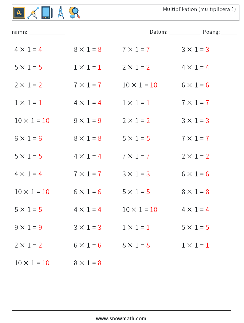 (50) Multiplikation (multiplicera 1) Matematiska arbetsblad 5 Fråga, svar