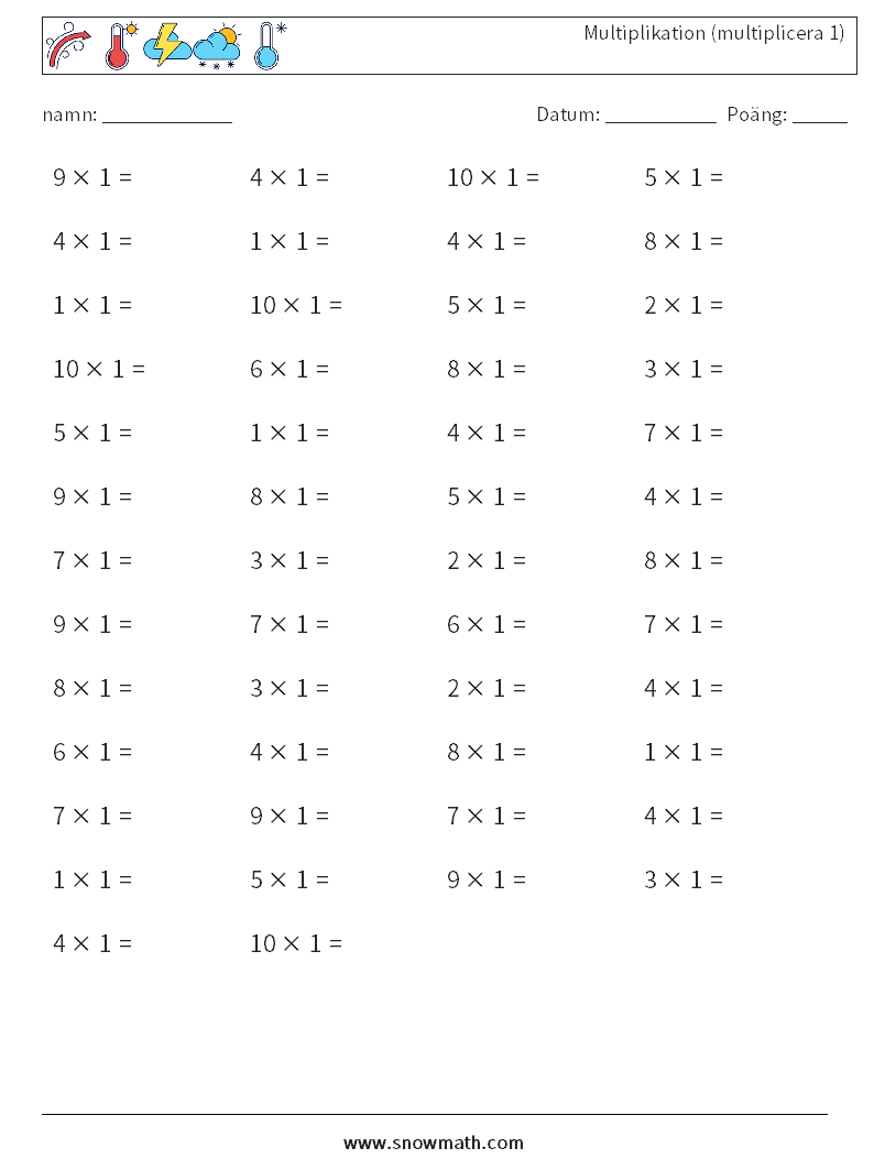 (50) Multiplikation (multiplicera 1) Matematiska arbetsblad 8