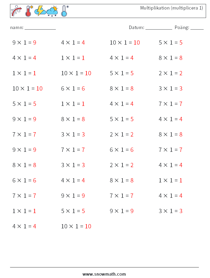 (50) Multiplikation (multiplicera 1) Matematiska arbetsblad 8 Fråga, svar