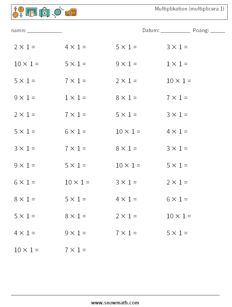 (50) Multiplikation (multiplicera 1) Matematiska arbetsblad 9