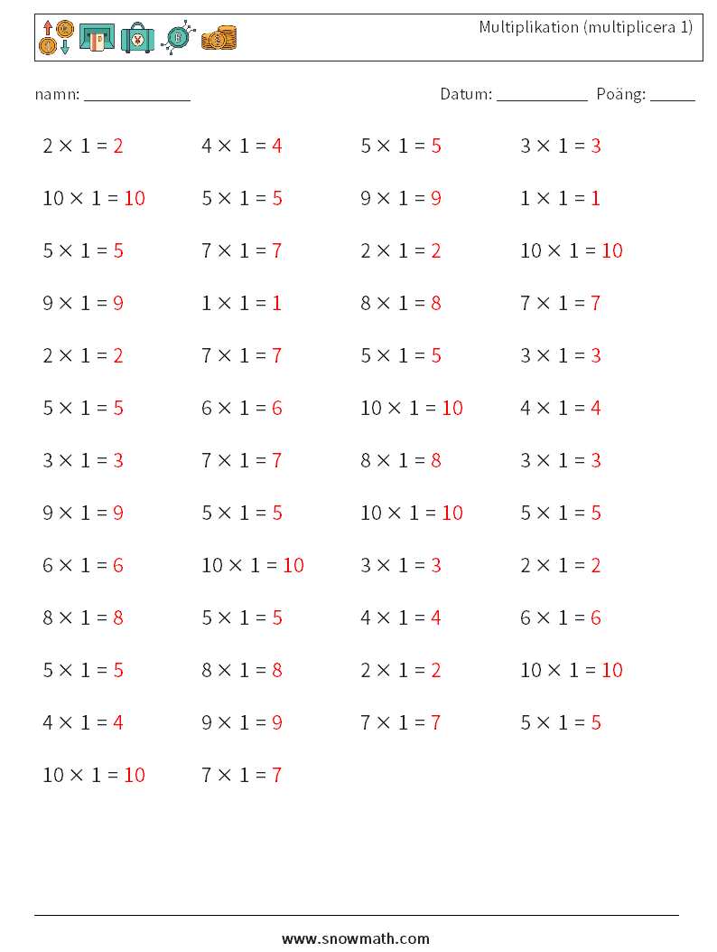 (50) Multiplikation (multiplicera 1) Matematiska arbetsblad 9 Fråga, svar