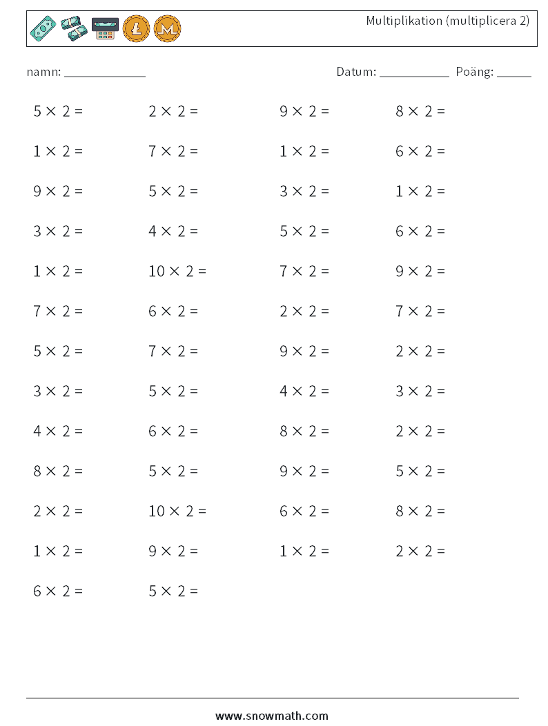 (50) Multiplikation (multiplicera 2) Matematiska arbetsblad 1