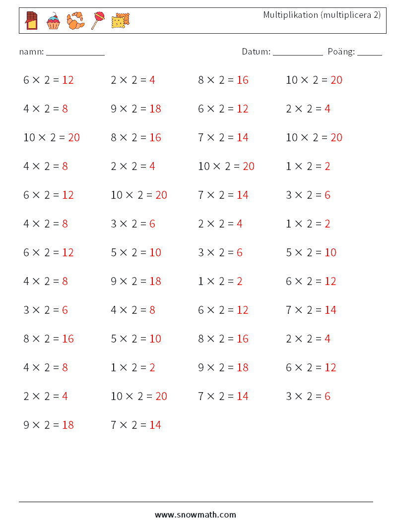(50) Multiplikation (multiplicera 2) Matematiska arbetsblad 2 Fråga, svar