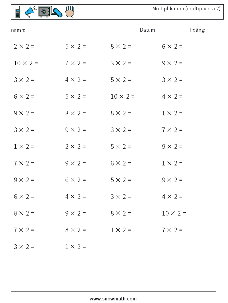 (50) Multiplikation (multiplicera 2) Matematiska arbetsblad 3