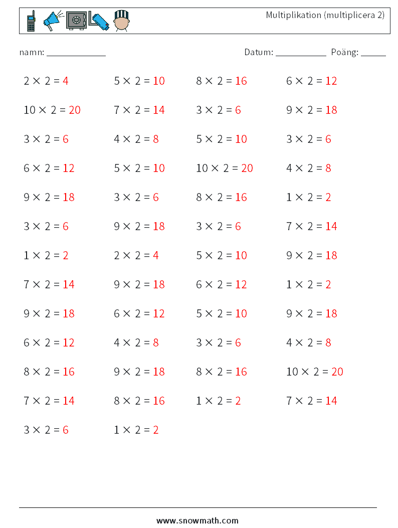 (50) Multiplikation (multiplicera 2) Matematiska arbetsblad 3 Fråga, svar