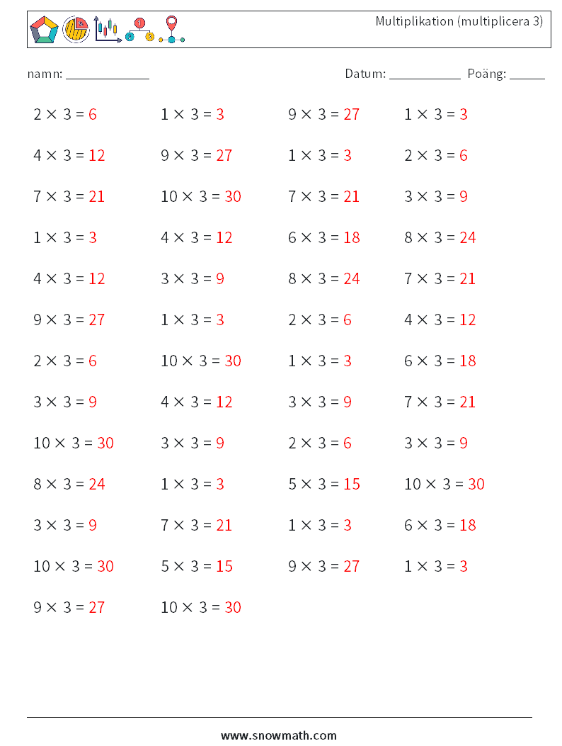 (50) Multiplikation (multiplicera 3) Matematiska arbetsblad 4 Fråga, svar