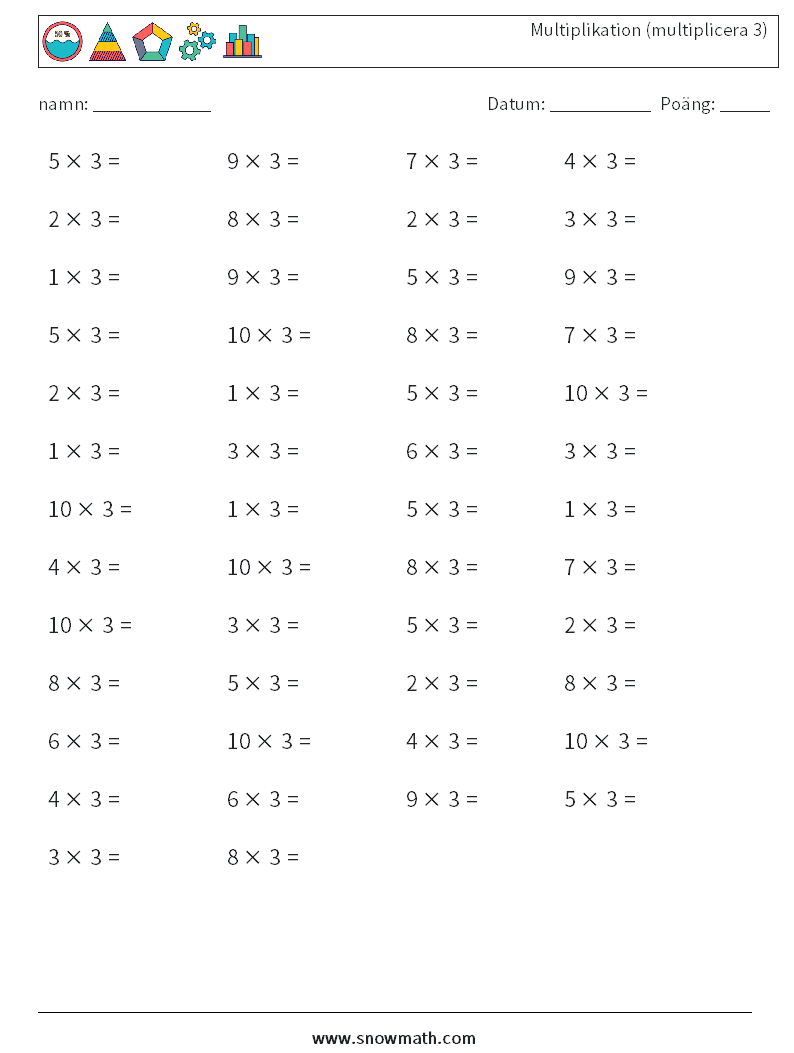 (50) Multiplikation (multiplicera 3) Matematiska arbetsblad 7