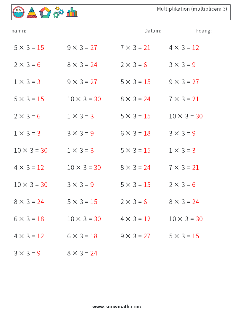 (50) Multiplikation (multiplicera 3) Matematiska arbetsblad 7 Fråga, svar