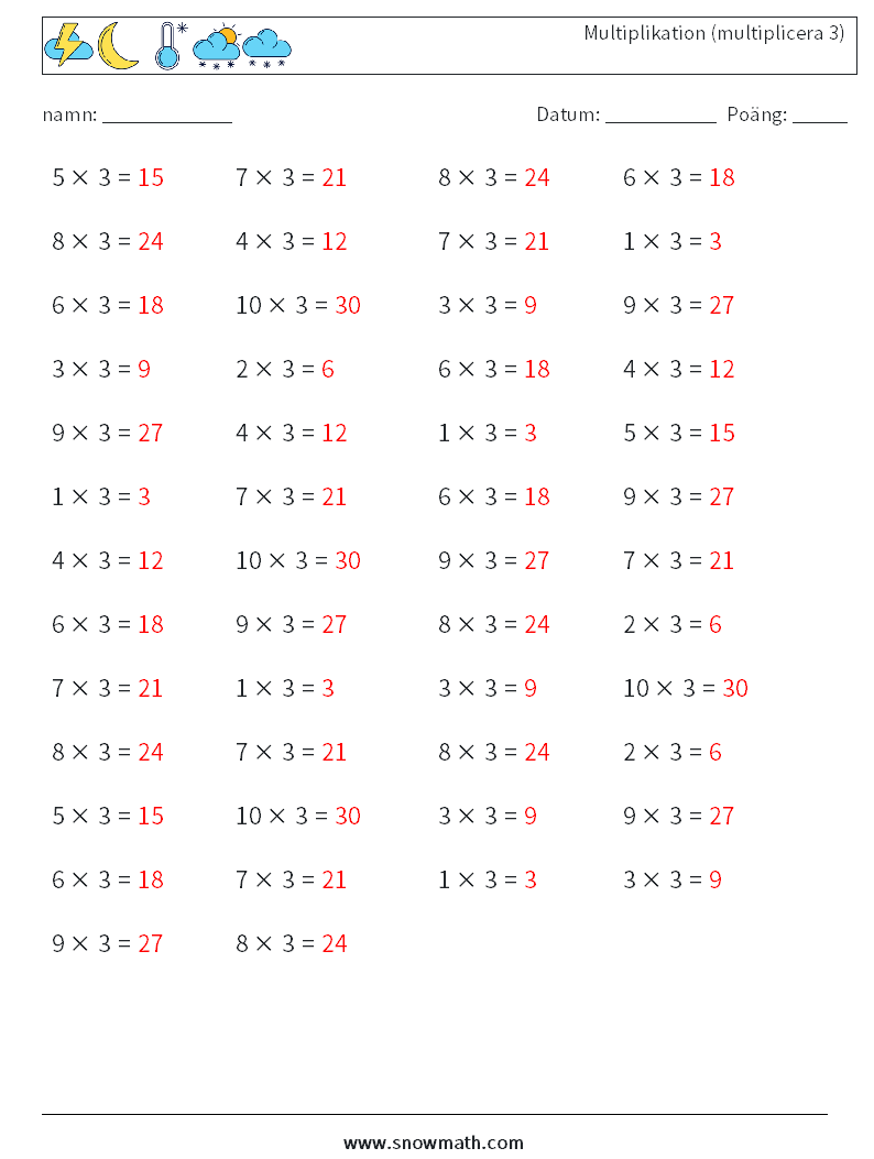 (50) Multiplikation (multiplicera 3) Matematiska arbetsblad 8 Fråga, svar