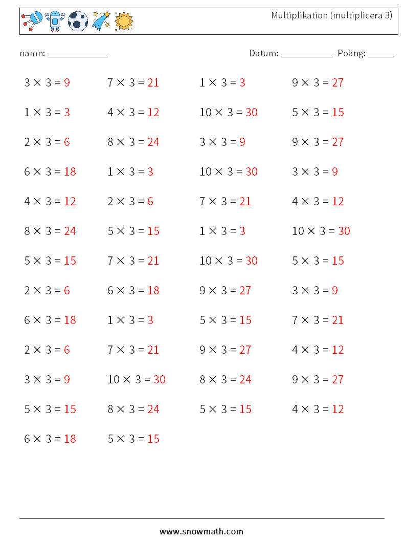 (50) Multiplikation (multiplicera 3) Matematiska arbetsblad 9 Fråga, svar