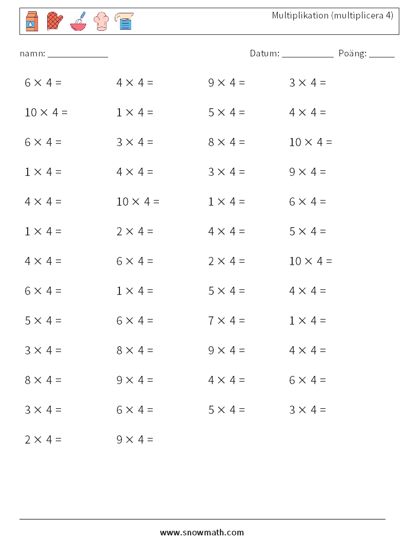 (50) Multiplikation (multiplicera 4) Matematiska arbetsblad 3