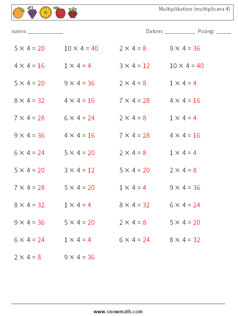 (50) Multiplikation (multiplicera 4) Matematiska arbetsblad 4 Fråga, svar