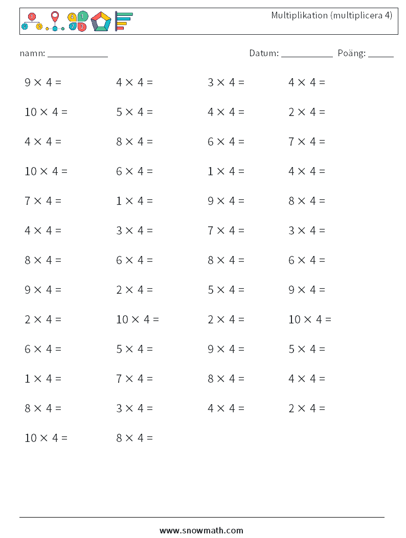 (50) Multiplikation (multiplicera 4) Matematiska arbetsblad 5