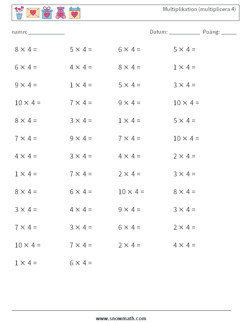 (50) Multiplikation (multiplicera 4) Matematiska arbetsblad 6