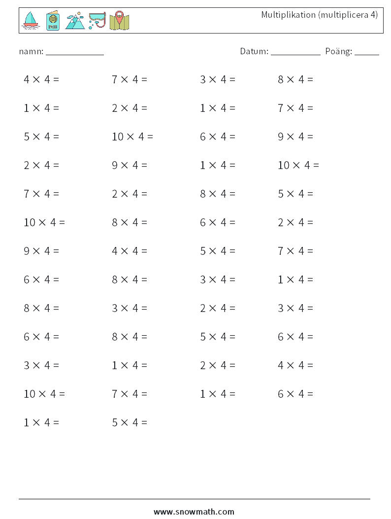 (50) Multiplikation (multiplicera 4) Matematiska arbetsblad 9