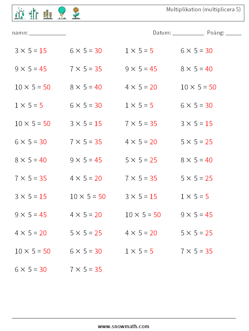 (50) Multiplikation (multiplicera 5) Matematiska arbetsblad 2 Fråga, svar