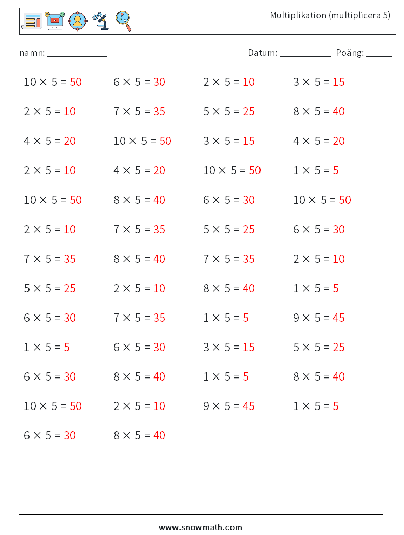 (50) Multiplikation (multiplicera 5) Matematiska arbetsblad 3 Fråga, svar