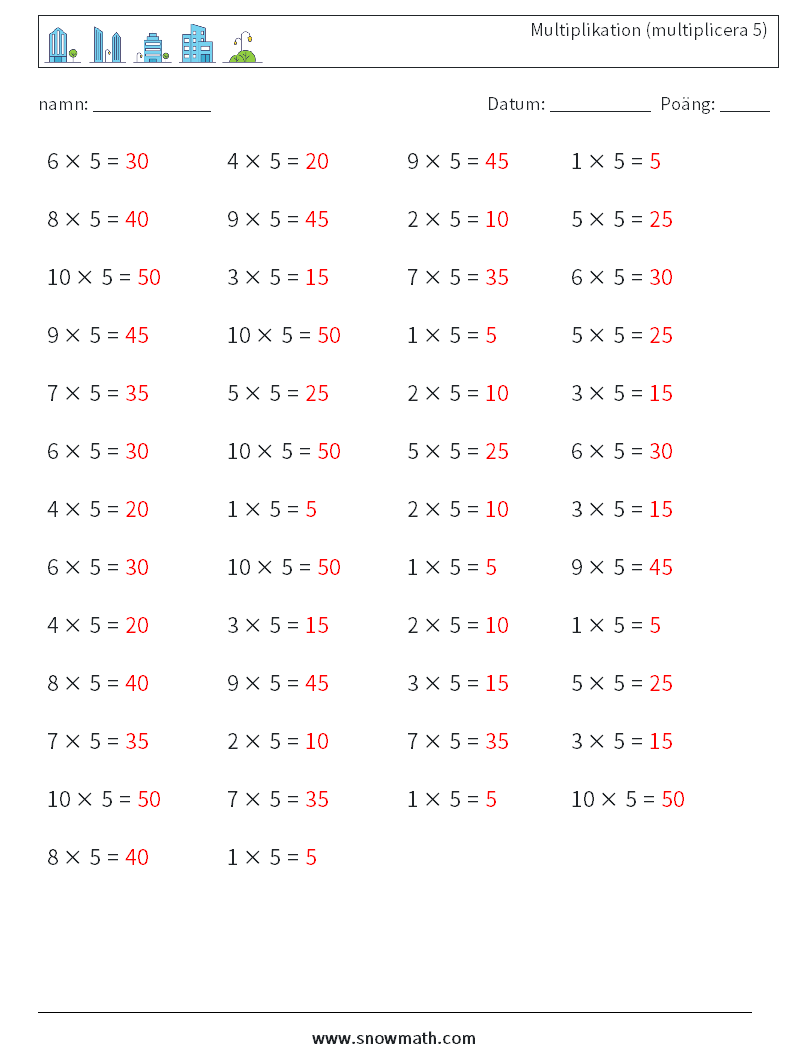 (50) Multiplikation (multiplicera 5) Matematiska arbetsblad 5 Fråga, svar