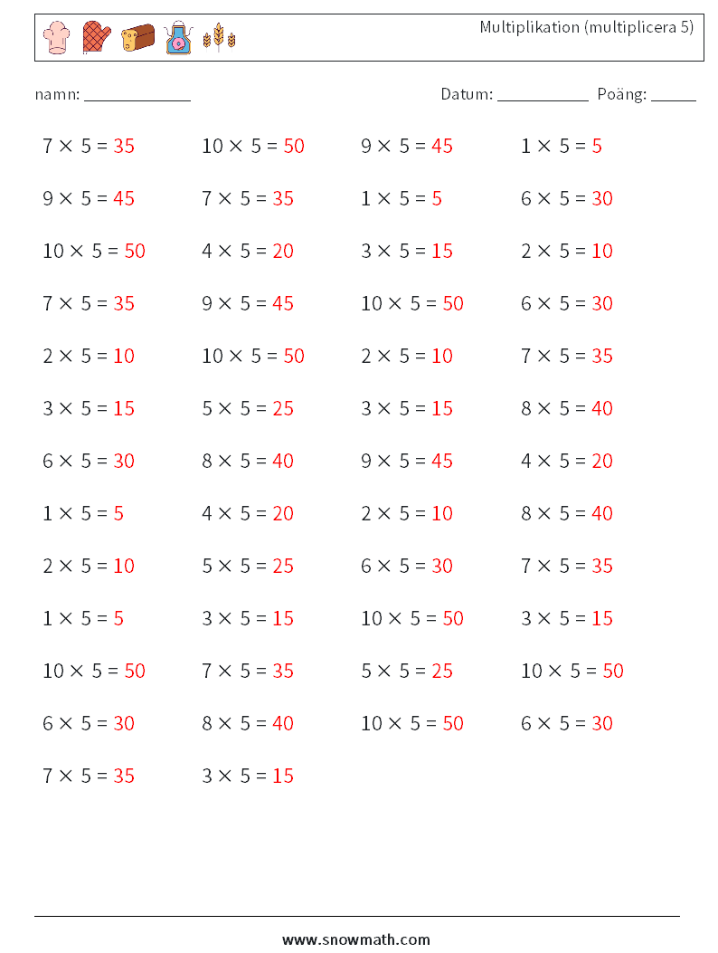 (50) Multiplikation (multiplicera 5) Matematiska arbetsblad 7 Fråga, svar