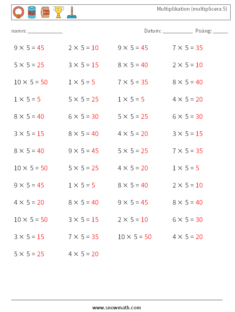 (50) Multiplikation (multiplicera 5) Matematiska arbetsblad 8 Fråga, svar