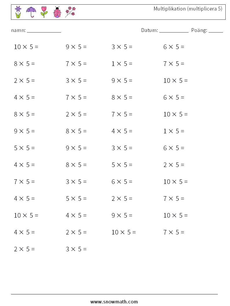 (50) Multiplikation (multiplicera 5) Matematiska arbetsblad 9