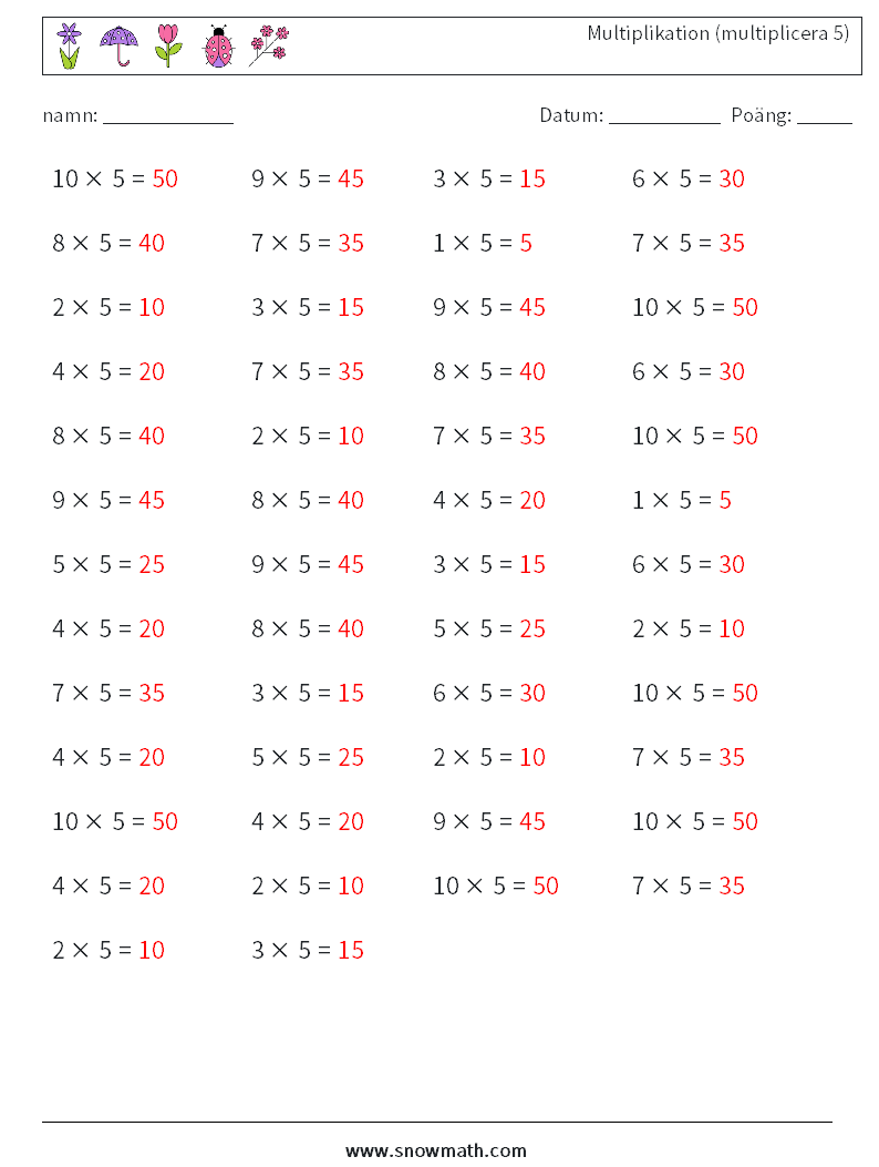 (50) Multiplikation (multiplicera 5) Matematiska arbetsblad 9 Fråga, svar