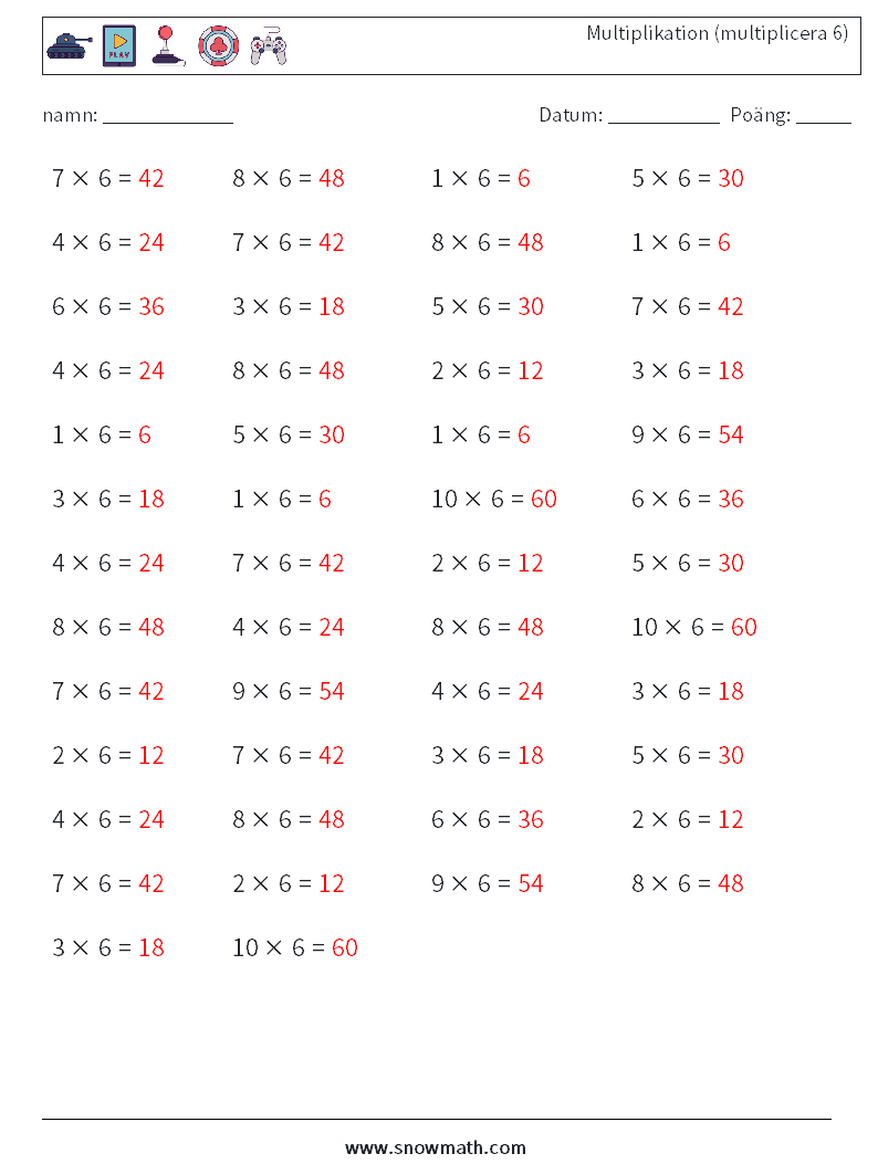 (50) Multiplikation (multiplicera 6) Matematiska arbetsblad 1 Fråga, svar