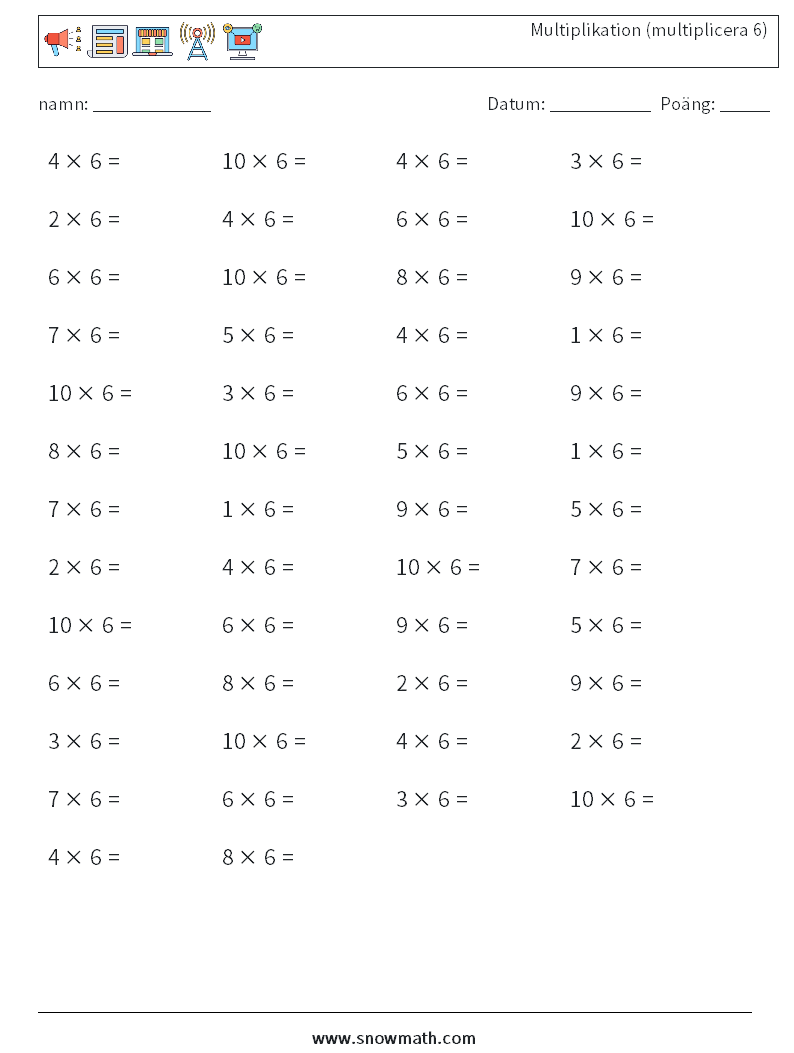 (50) Multiplikation (multiplicera 6) Matematiska arbetsblad 3