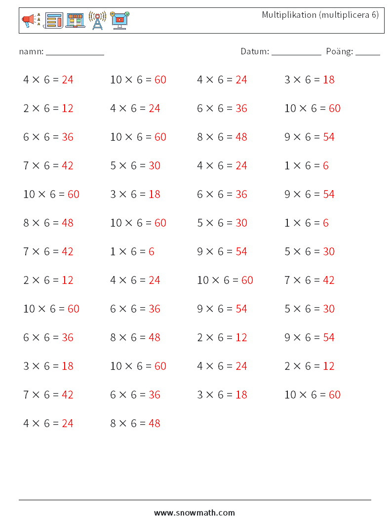 (50) Multiplikation (multiplicera 6) Matematiska arbetsblad 3 Fråga, svar