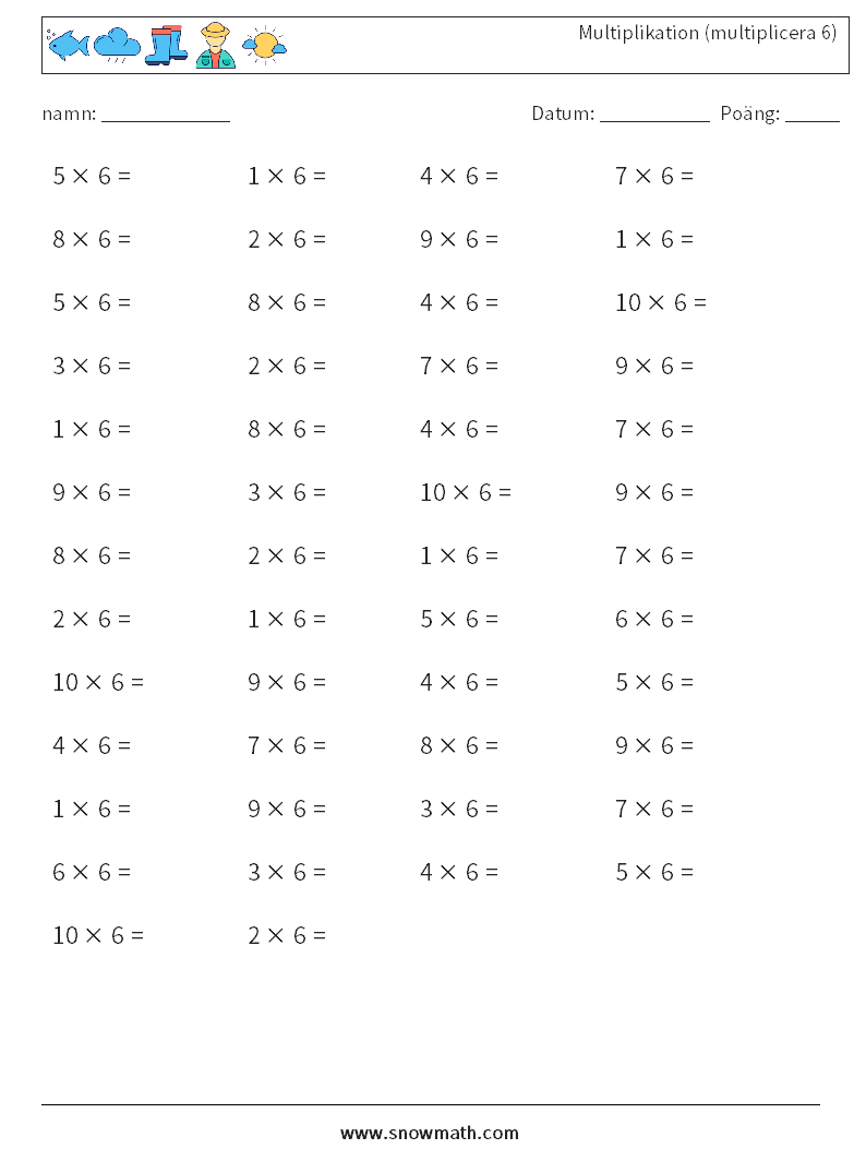 (50) Multiplikation (multiplicera 6) Matematiska arbetsblad 6