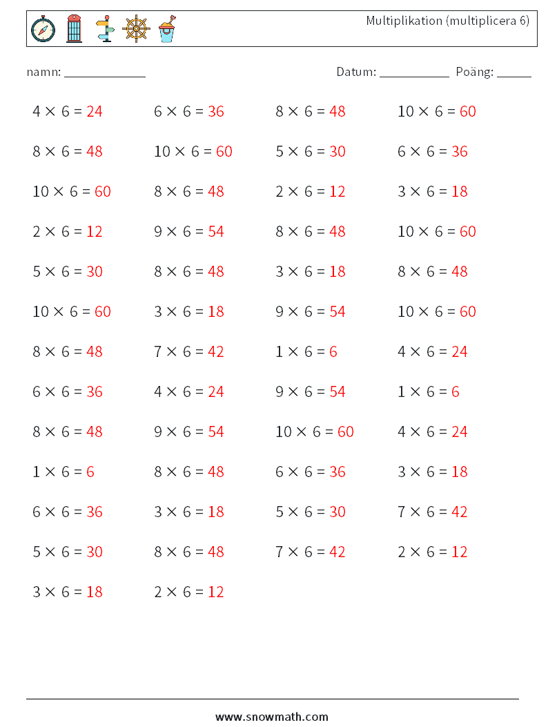 (50) Multiplikation (multiplicera 6) Matematiska arbetsblad 7 Fråga, svar