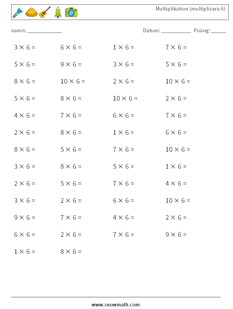 (50) Multiplikation (multiplicera 6) Matematiska arbetsblad 8