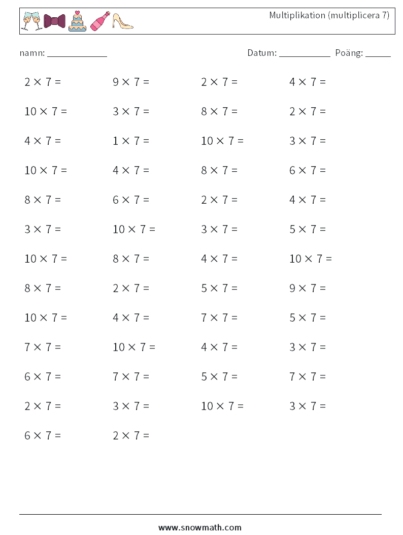 (50) Multiplikation (multiplicera 7) Matematiska arbetsblad 3