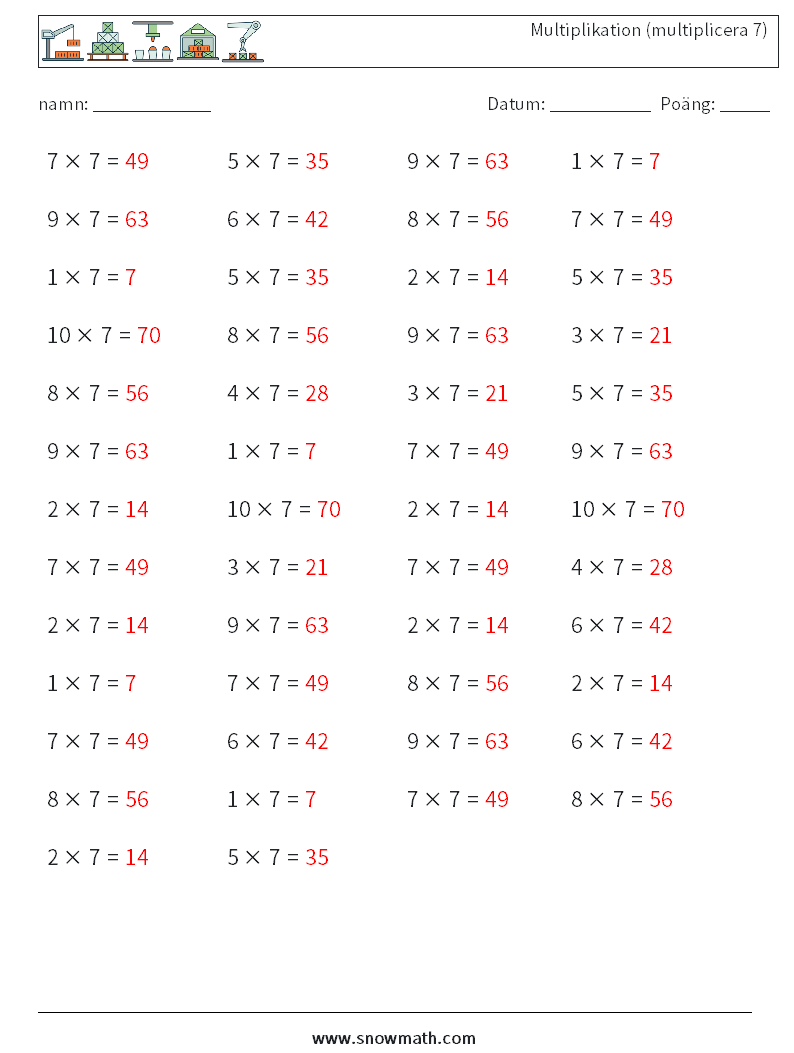 (50) Multiplikation (multiplicera 7) Matematiska arbetsblad 7 Fråga, svar