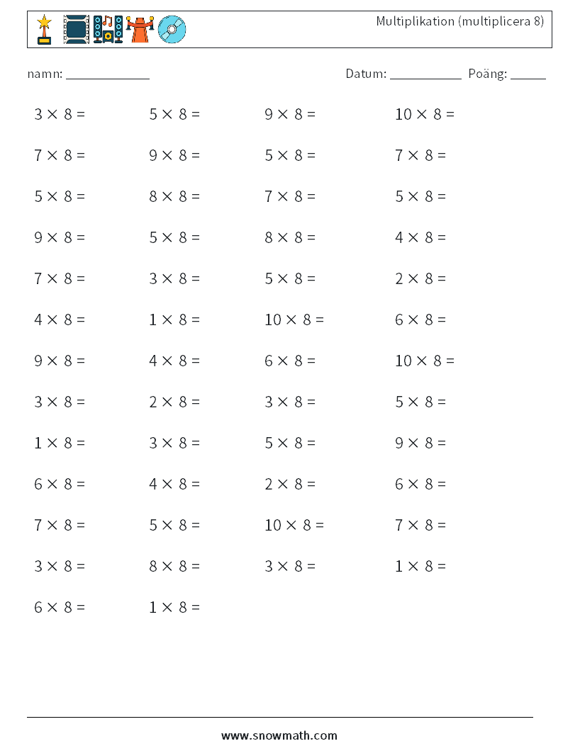 (50) Multiplikation (multiplicera 8) Matematiska arbetsblad 1