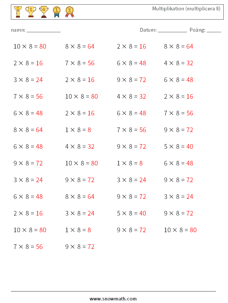 (50) Multiplikation (multiplicera 8) Matematiska arbetsblad 3 Fråga, svar