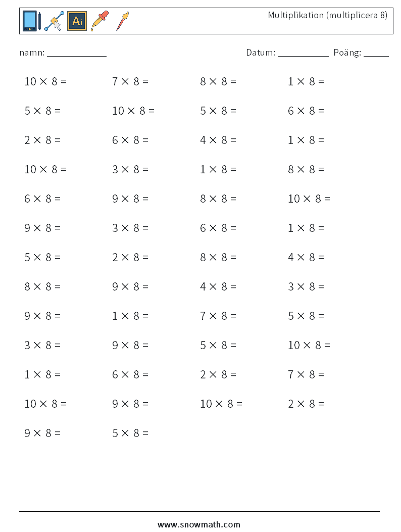 (50) Multiplikation (multiplicera 8) Matematiska arbetsblad 4