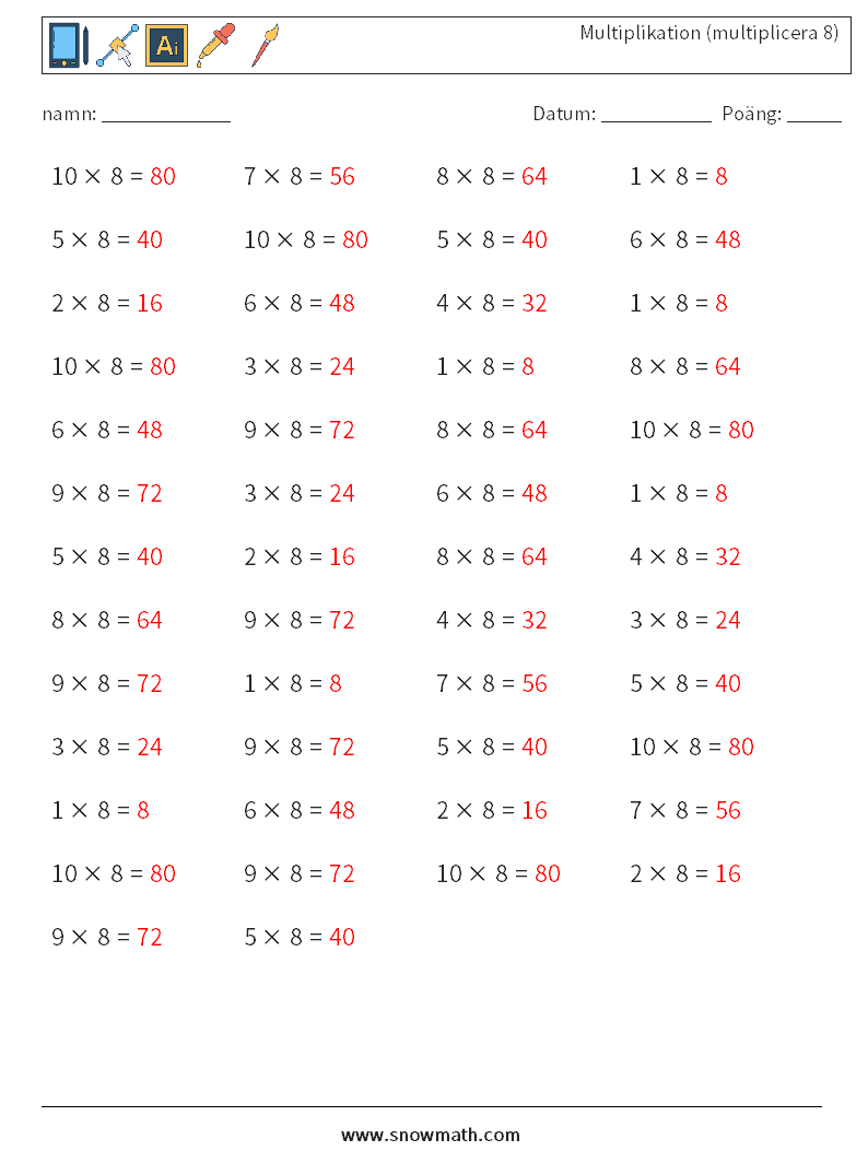 (50) Multiplikation (multiplicera 8) Matematiska arbetsblad 4 Fråga, svar