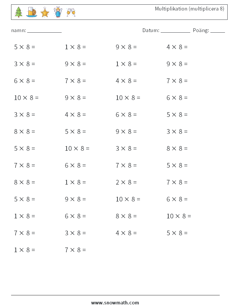 (50) Multiplikation (multiplicera 8) Matematiska arbetsblad 5