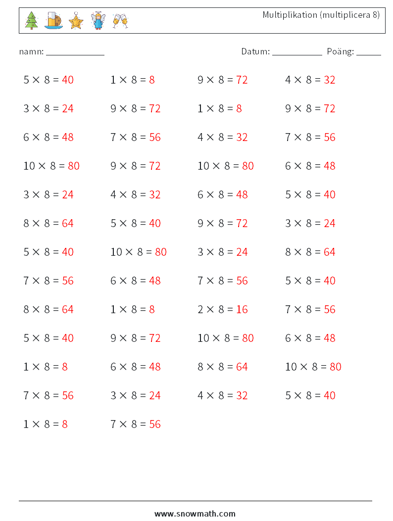 (50) Multiplikation (multiplicera 8) Matematiska arbetsblad 5 Fråga, svar