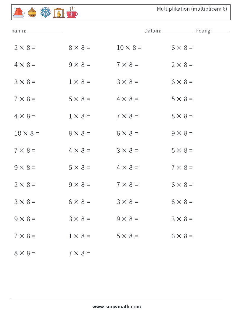 (50) Multiplikation (multiplicera 8) Matematiska arbetsblad 6