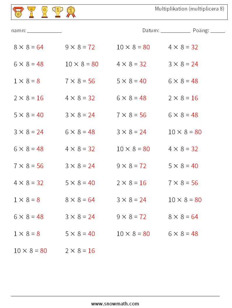 (50) Multiplikation (multiplicera 8) Matematiska arbetsblad 7 Fråga, svar