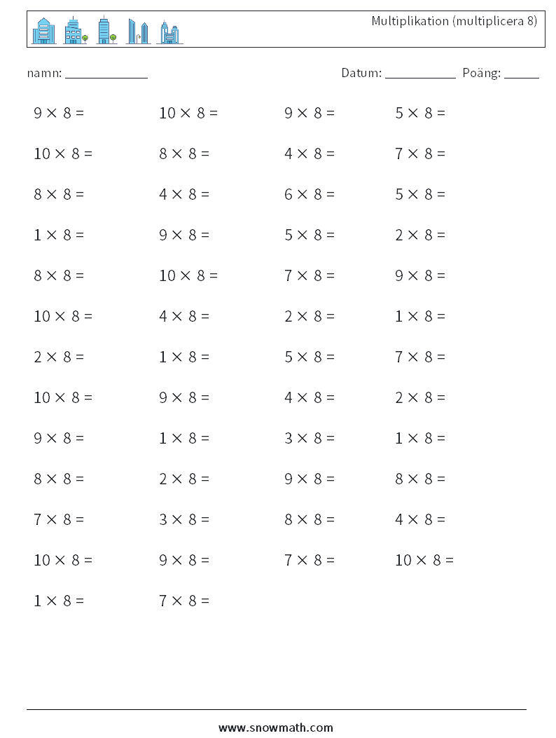 (50) Multiplikation (multiplicera 8) Matematiska arbetsblad 8