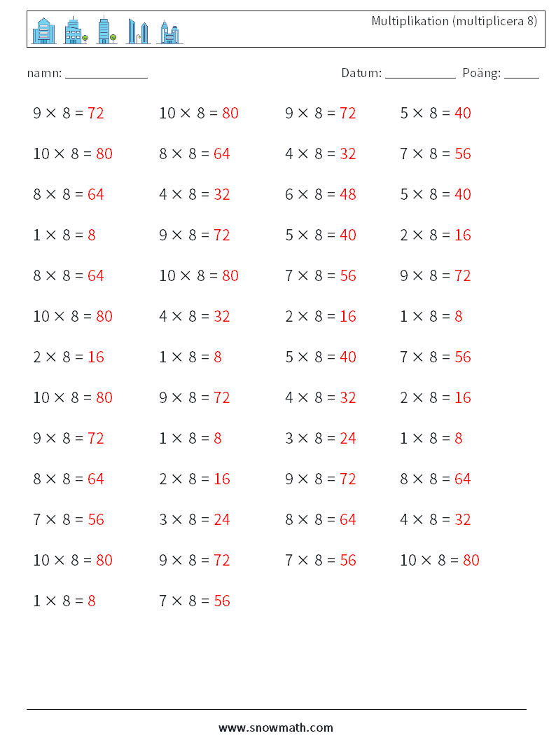 (50) Multiplikation (multiplicera 8) Matematiska arbetsblad 8 Fråga, svar